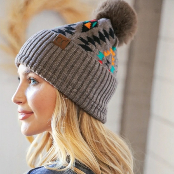 Accessories - CC Taupe Tribal Knit Beanie With Pom Pom
